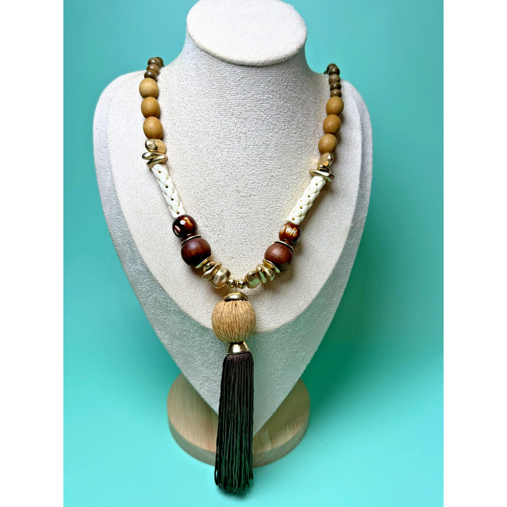CHICO'S 34" Brown Tassel Sautoir Statement Necklace Wood Ceramic Beads Raffia